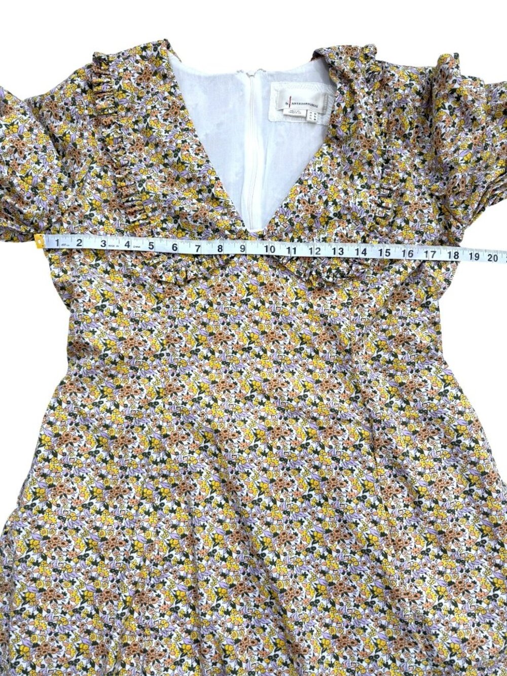 Anthropologie Womens Size 14 Collared Floral Mini Dress Yellow Puff Sleeve - Picture 8 of 9